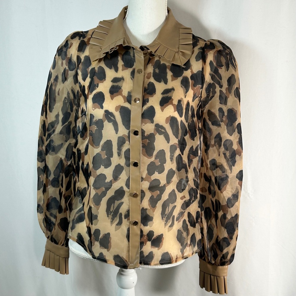 Branded Royalty Leopard Print Sheer Button Up Blouse Women Size M